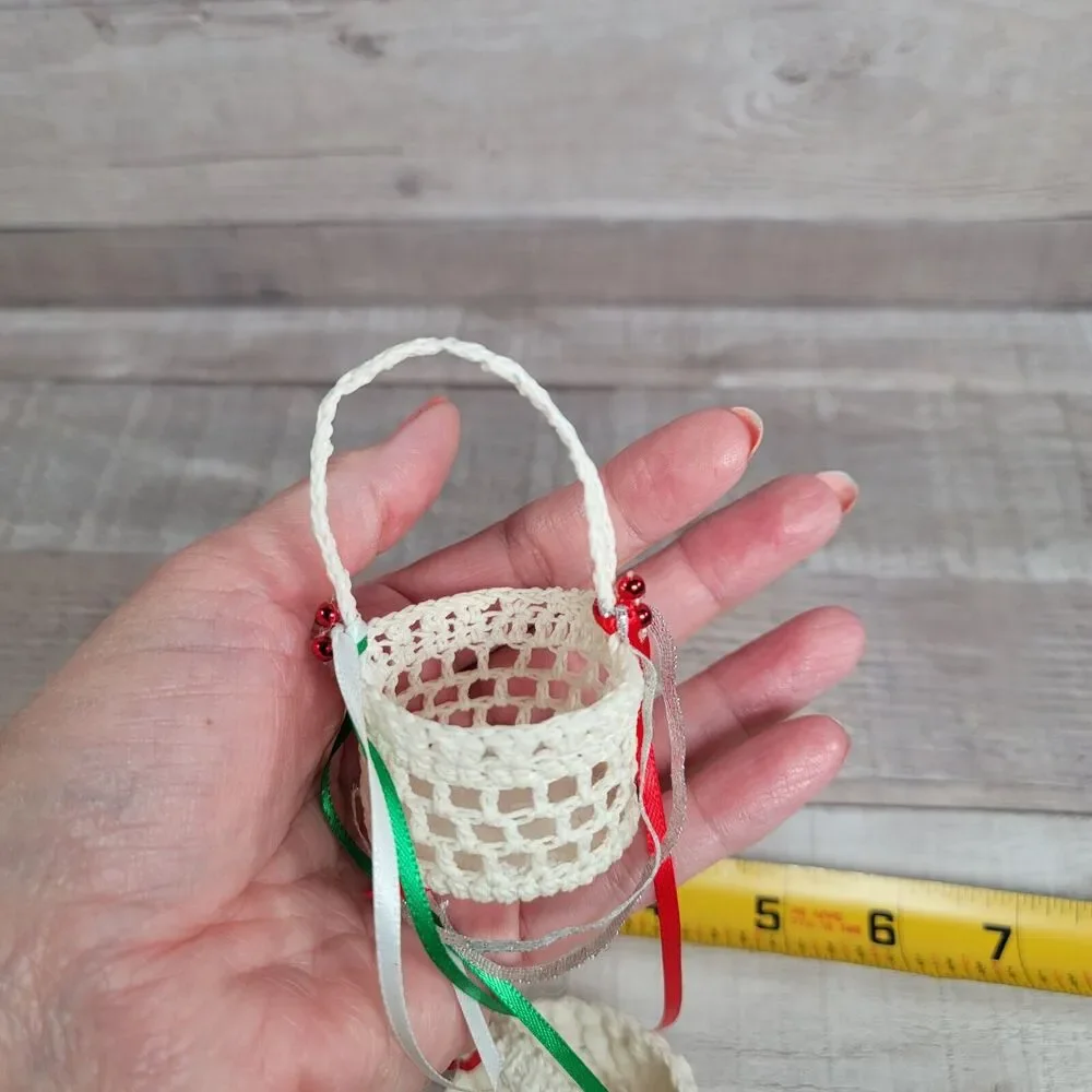 Vintage Crochet Christmas Ornaments Handmade Boho Bells Baskets Booties Slippers